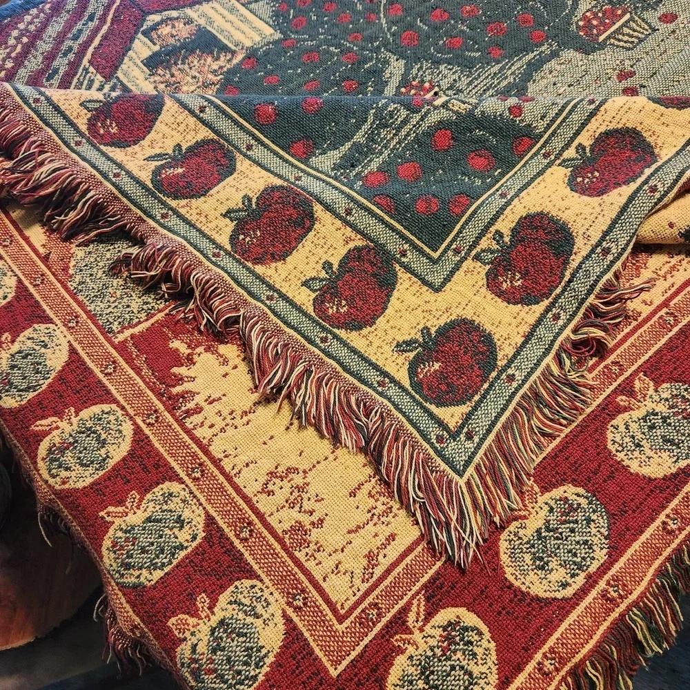 Vtg woven‎ Tapestry Throw Blanket Horses Barn Apple Orchard Thick Cotton Fringe